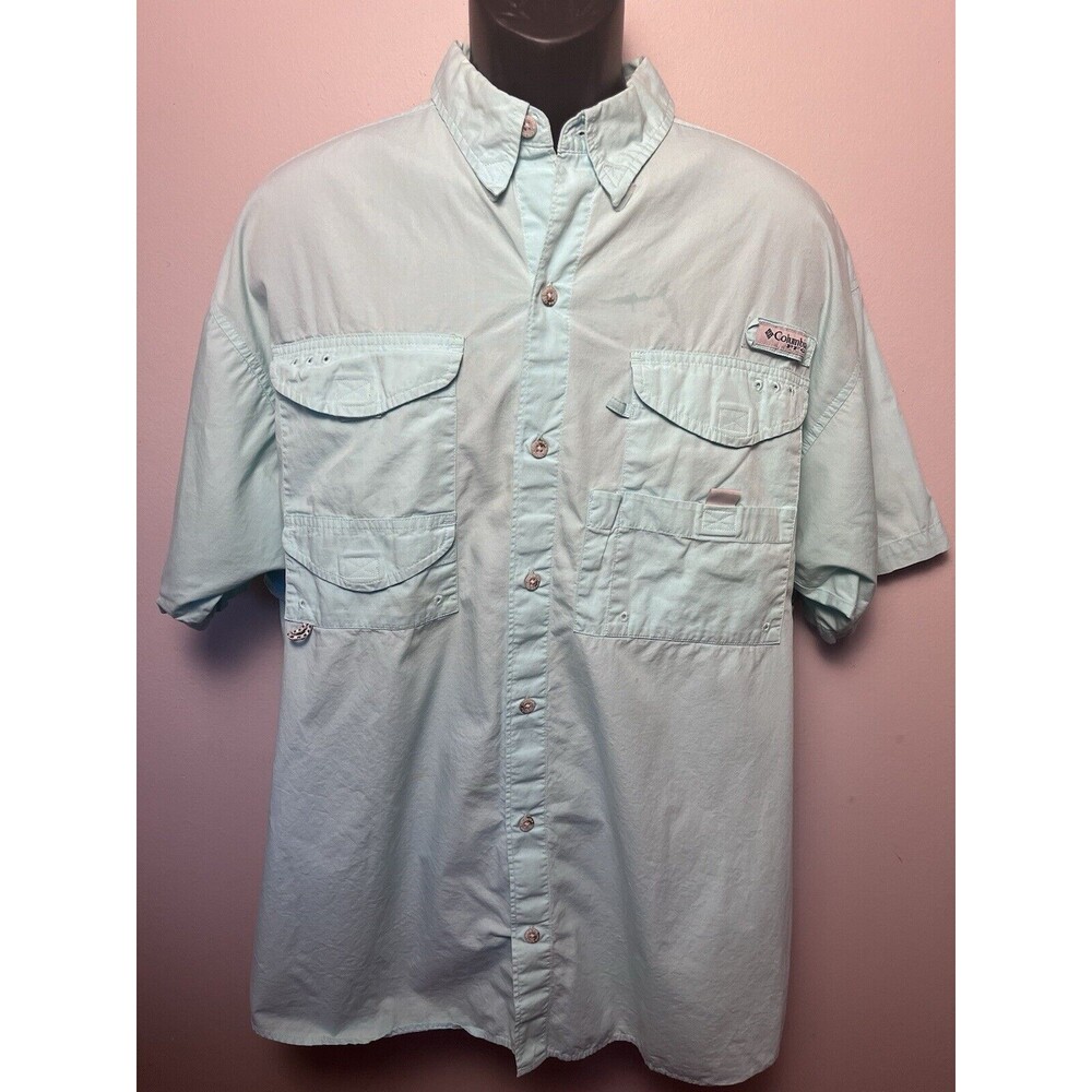 Columbia PFG Vented Fishing Shirt Mens Teal Short Sleeve Fits Like XLarge